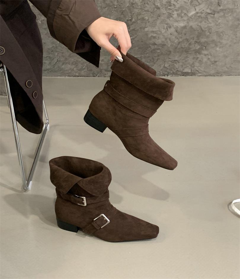 

Coarse heel retro suede skinny short boots women s shoes 2025 new autumn and winter brown Martin boots French cowboy boots 39 коричневый