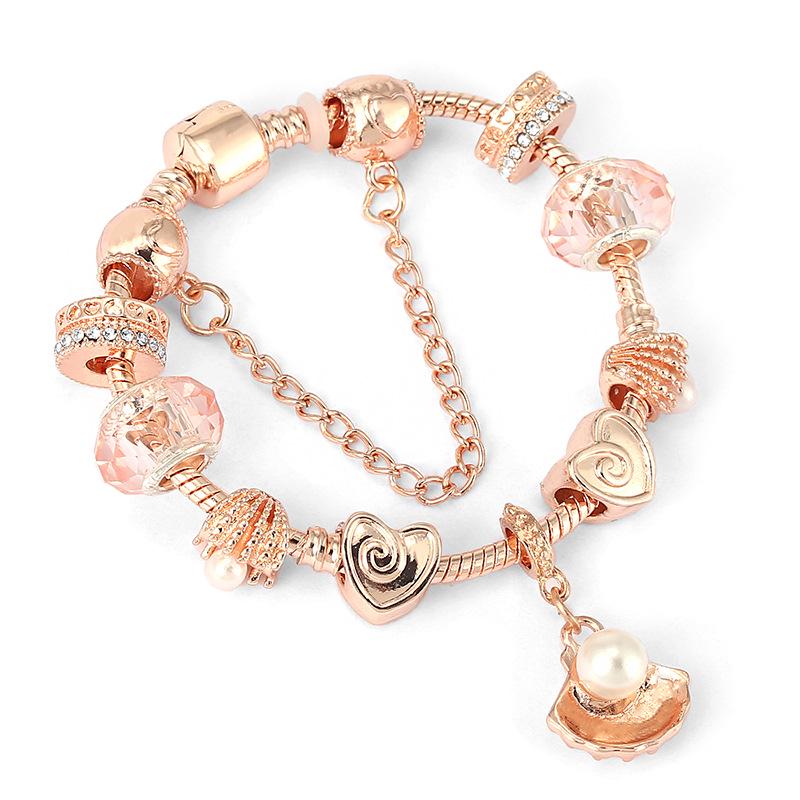 Pan's Rose Gold European Style Princess Crown Heart Pendant Bracelet for Women - DIY Customizable Series.