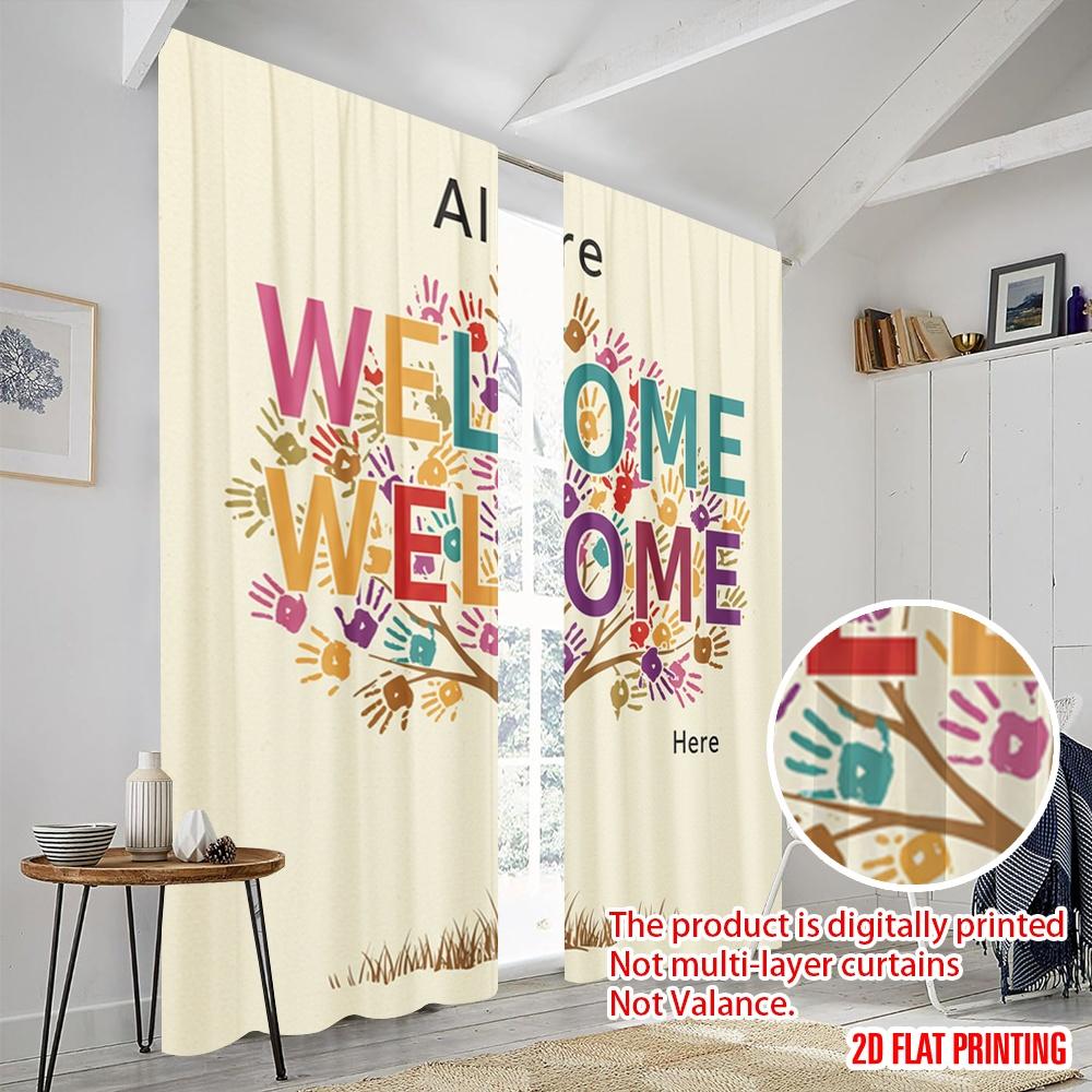 2pcs 2D flat printing Curtain Diversity Tree of Hands Polyester Without Electricity Birthday Party Perfect for Booths Studio