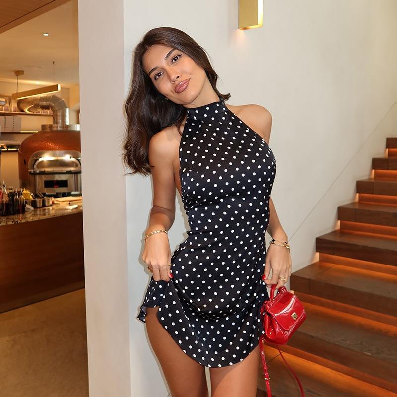 Temperamento Collo alla francese Scollo all'americana Vestibilità aderente alla moda Stampa pois Sexy Desiderio puro Stile europeo e americano Abito a linea A