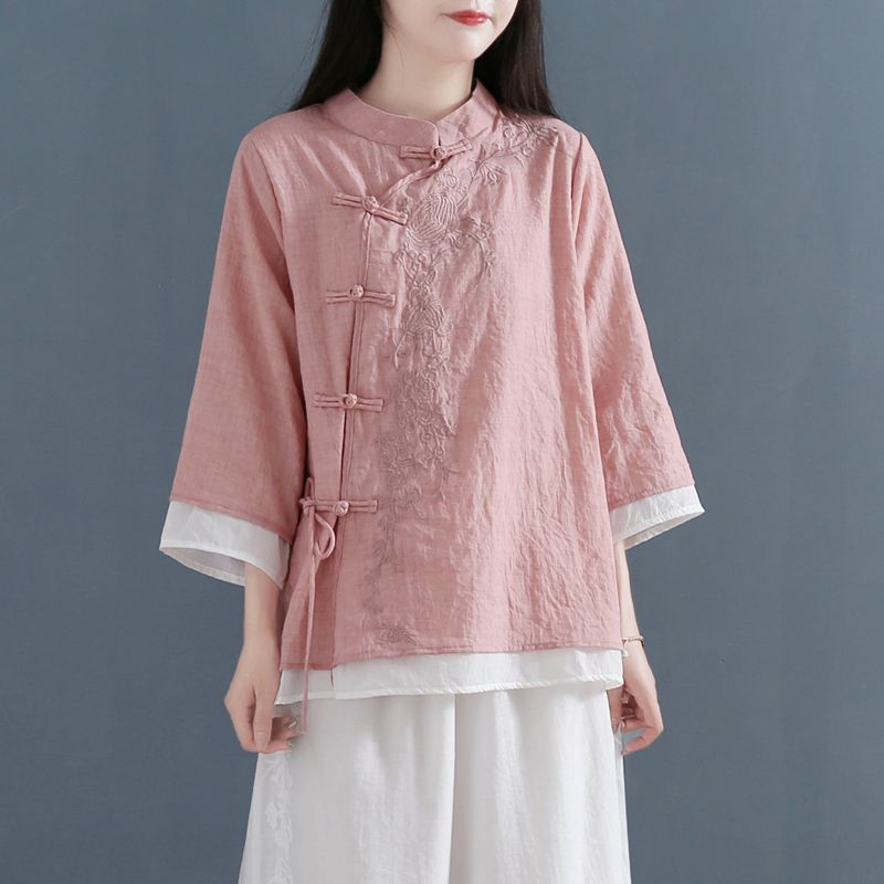 Spring Summer Literary Embroidery Chinese Style Hanfu Diagonal Lapel Buckle Retro Shirt Large Size Linen Five-point Top