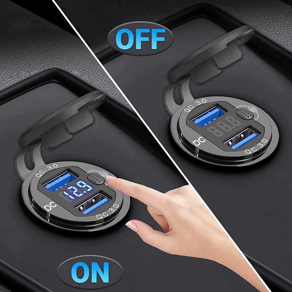 [Metal Shell] 12V USB Outlet Dual QC 3.0: Qidoe Aluminum Socket 12 Volt Motorcycle USB Outlet with LED Voltmeter Button Switch Waterproof 12 V Car