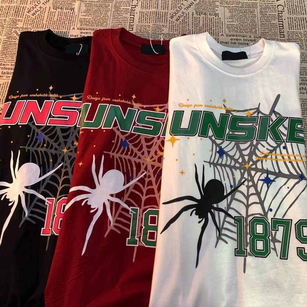 Knitted Love American Retro Spider Print Short Sleeve T-shirt Men Women Trendy Cotton Loose Versatile Couple Tops T Shirt