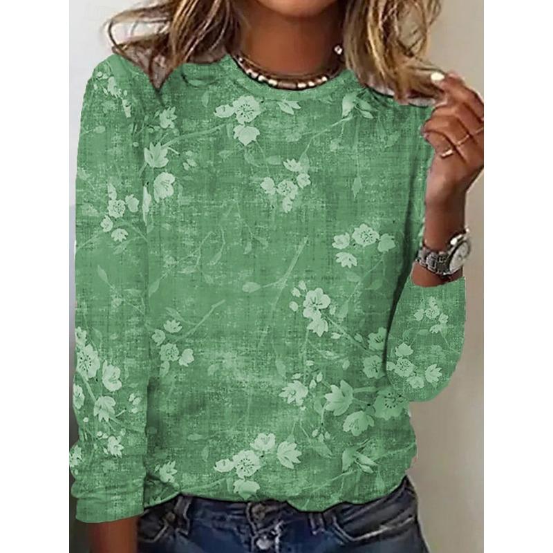 Women's T shirt Long Sleeve Casual Print Regular Tops Daily Blue Green Khaki Spring Fall Prefall