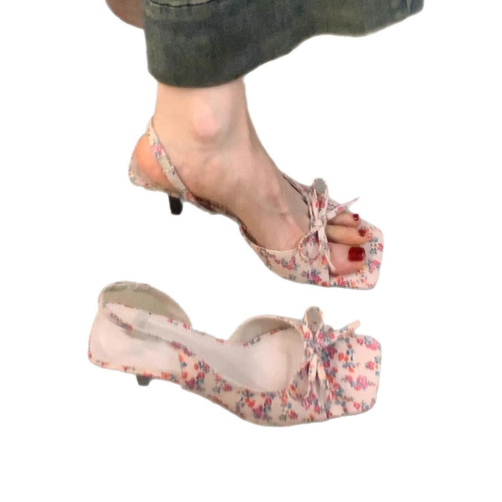 2025 new bow-tied back strap high heels women's summer outer wear one-word with temperament open-toed square head sandals