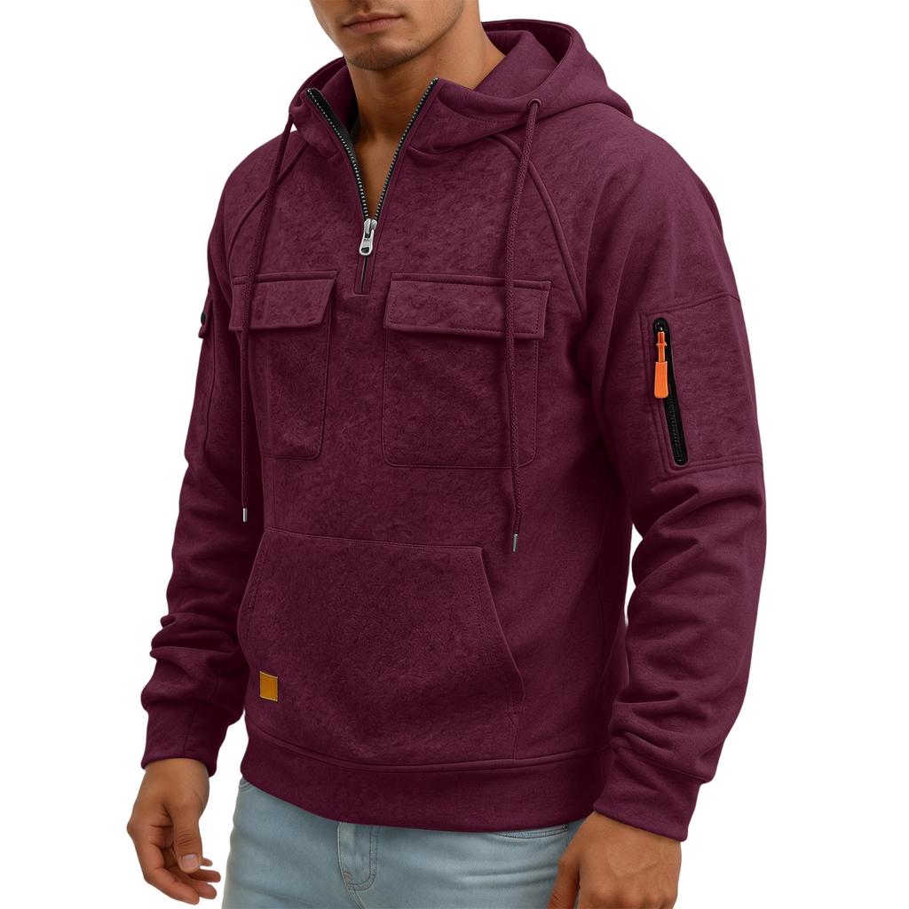 Men's Quarter-Zip Cargo Hoodie with Multi-Pockets Casual Sweatshirt for Everyday Wear