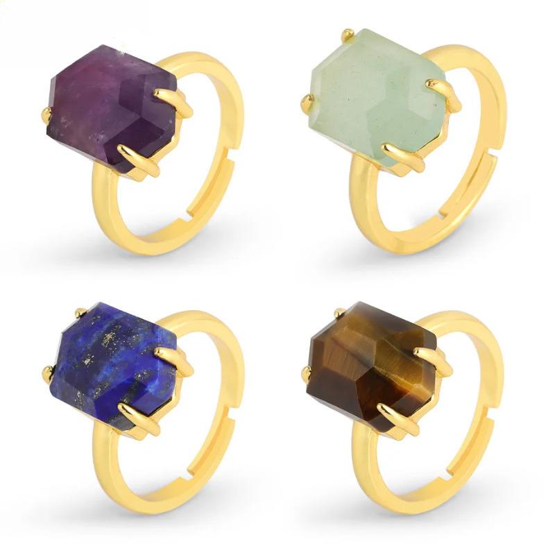 Natural Stone Ring for Men Faceted Crystal Healing Tiger Eye Amethysts Luxury Gold Color Ring Jewelry Accessorise H544