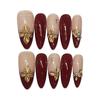10Pcs French Glossy False Nails Red Oval Long Pointed Artificial Nails With Flower Engraving Design For Party Wedding