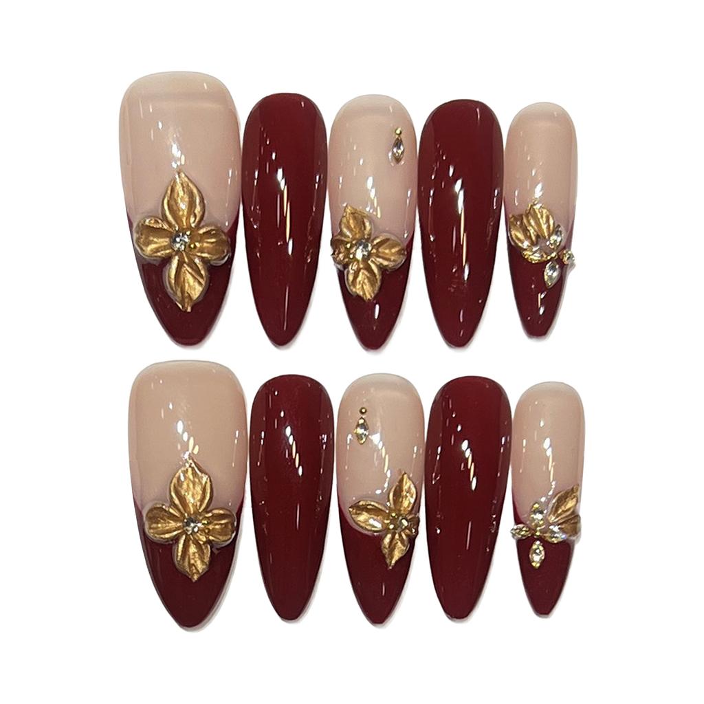 10Pcs French Glossy False Nails Red Oval Long Pointed Artificial Nails With Flower Engraving Design For Party Wedding