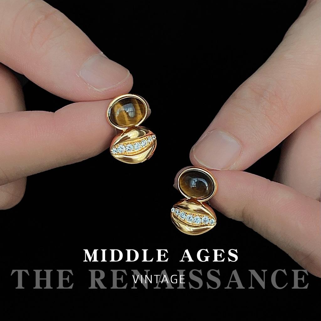 Light medieval retro tiger eye stone zircon coffee bean stud earrings plated with 14K natural stone ear jewelry