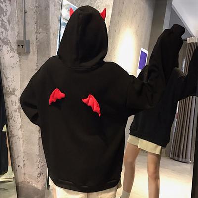 Menina Little Devil Horns Gótico Moletom Com Capuz Manga Longa Solto Ajuste Feminino Demon Fly Wings Hoodie Streetwear