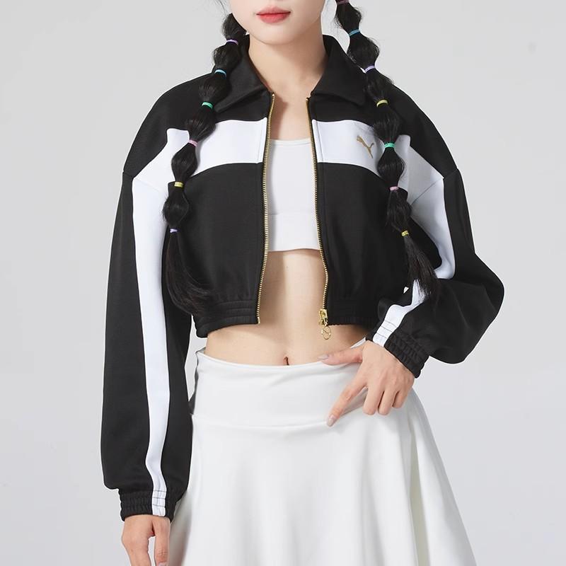 PUMA RELAXEDCROPPED TRACK JACKET American Retro Preppy Style Turn-Down Collar Oversized Cropped Jacket Coat Women's Black