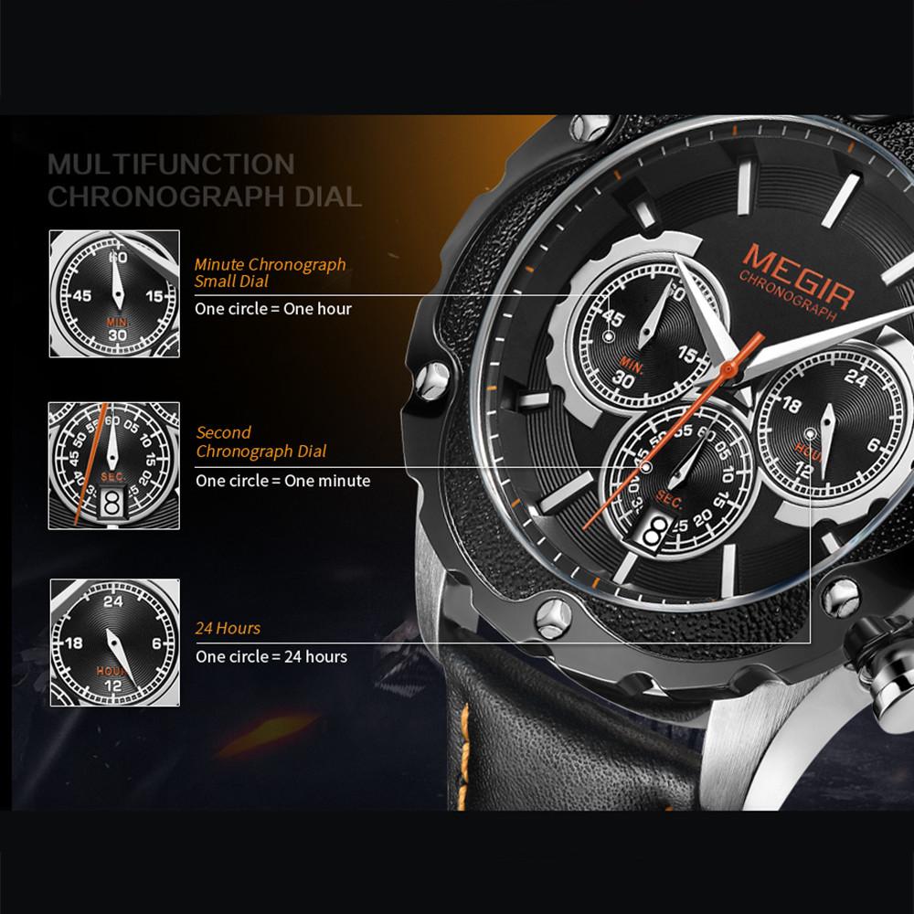 MEGIR Luxury Sports Watches for Men Waterproof Quartz Wrist Watch Chronograph Fashion Leather Military Clock Reloj Hombre 2070