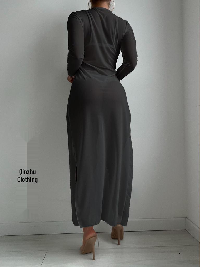 2024 Beach Vacation Mesh Swimsuit Long Cover-Up Dress - Sexy Round Neck Transparent Bikini Cover-Up