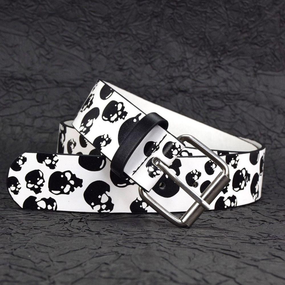 Rhinestone Skull Print Belt Pu Leather Halloween Skeleton Waistband  Belt Accessories