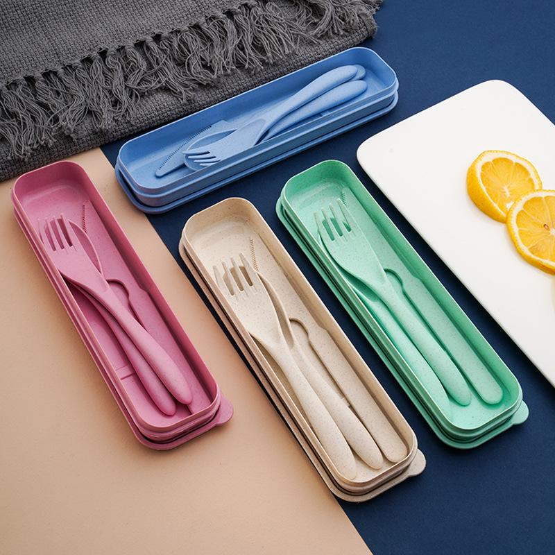 Wheat Straw Reusable Cutlery Set With Knife Fork Spoon And Storage Case Perfect For Office Lunch Outdoor Camping Picnic Travel