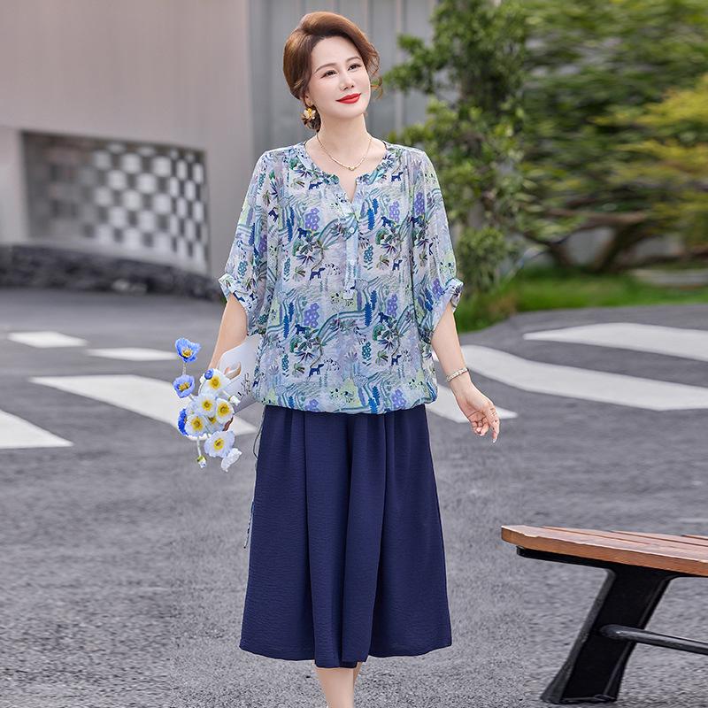 

2026 New Loose Plus Size Printed Two-Piece Suit for Middle-aged and Elderly Women XL синий