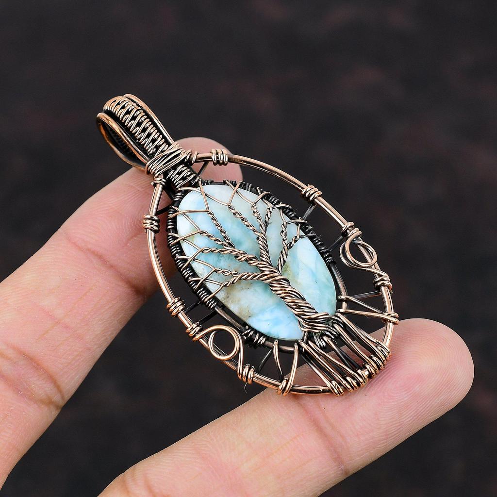 Pandantiv Larimar Arborele Vieții Piatră Prețioasă Bijuterii Înfășurate în Cupru Bijuterii din Sârmă de Cupru Bijuterii de Designer Handmade Cadou Pentru Ea Bijuterii Arborele Vieții