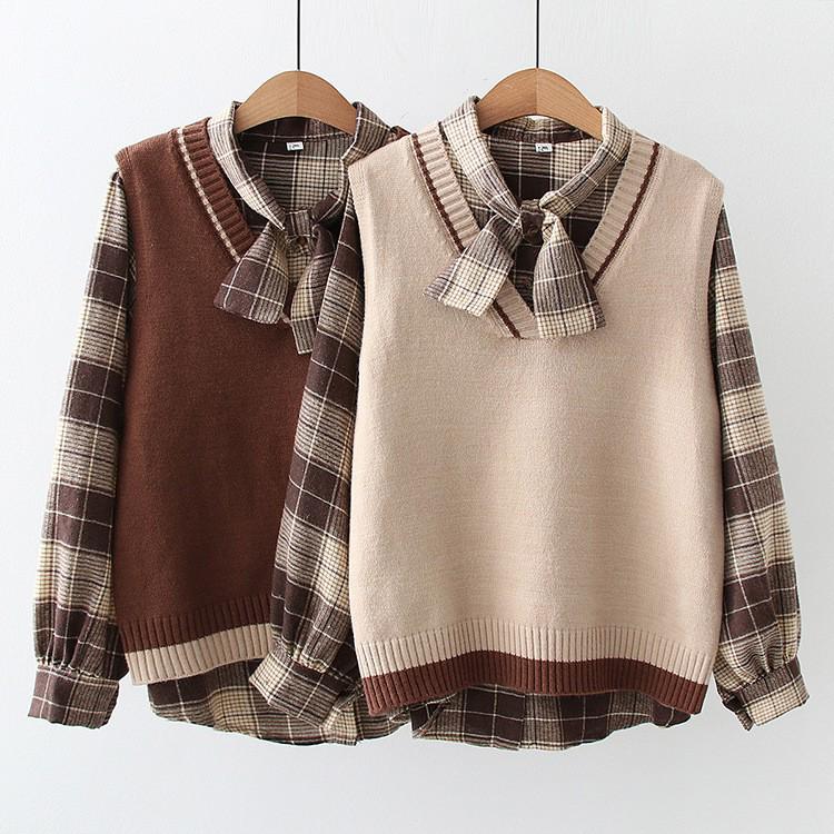 Women's Retro V-Neck Sweater Vest & Plaid Shirt Two-Piece Set - Autumn Winter Color Block Knit Cardigan Japanese Style Fashion