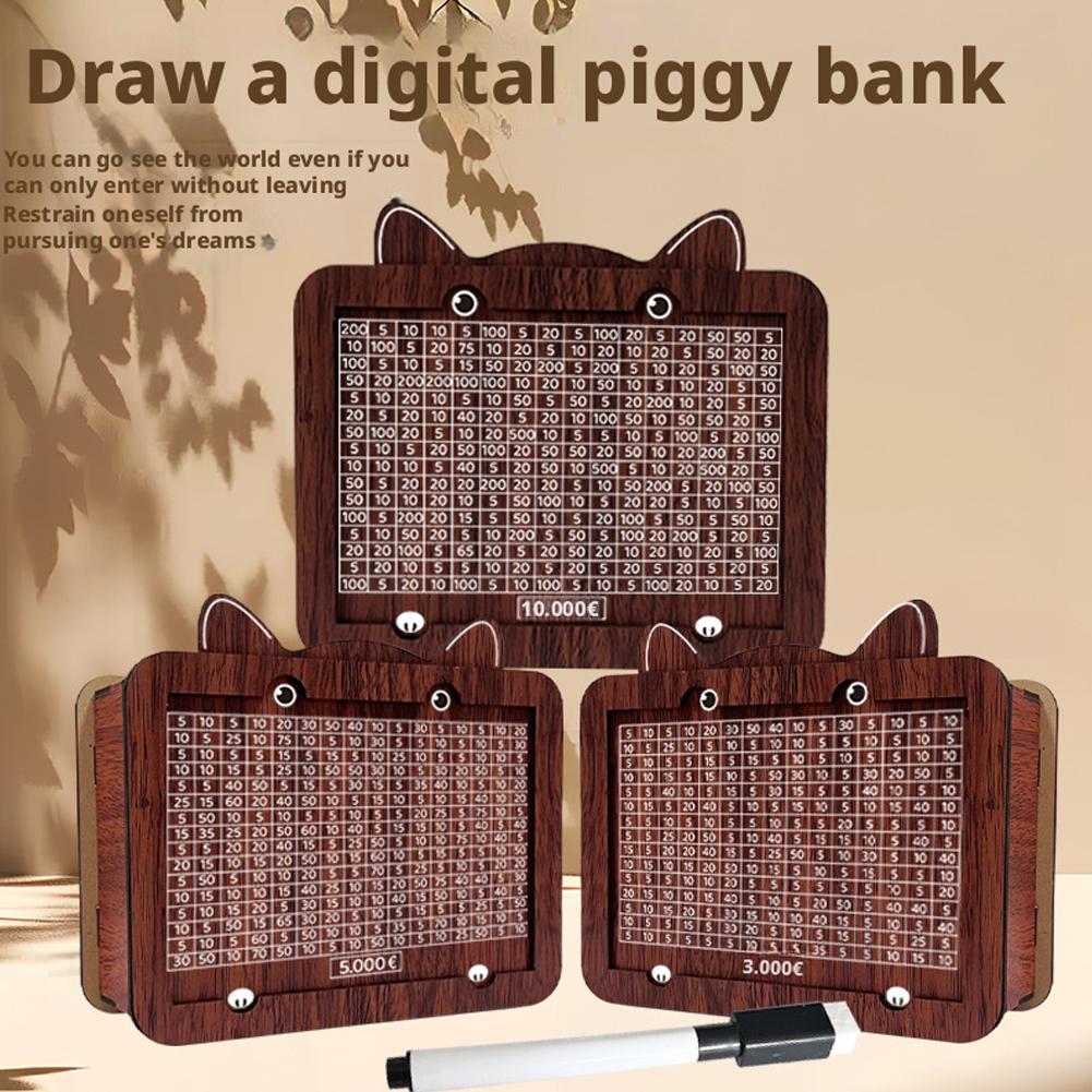 Wooden Digital Piggy Bank Cat Shape Money Saving Box With Number Grid Gift Plan Pen Euro Storage Organizer For Saving Goals