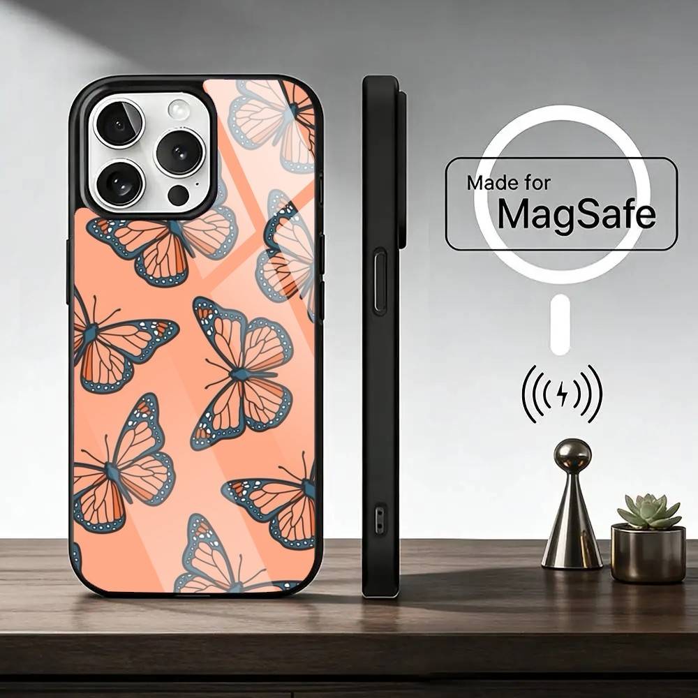 Retro Art Schwarzer B-Schmetterling Handyhülle für iPhone 17, 16, 15, 14, 13, 12, 11 Plus, Pro Magnetisch mit Magsafe Kabelloses Laden