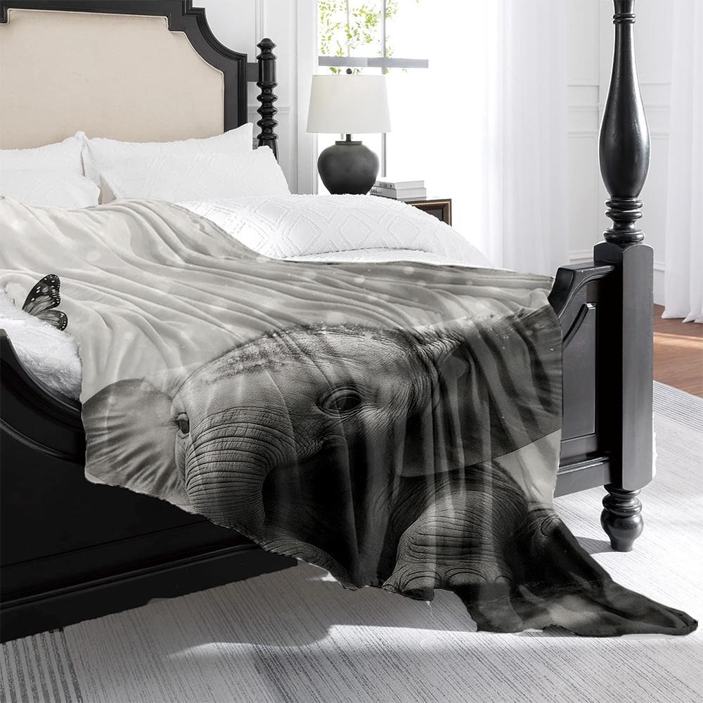 1pc Cute Elephant & Butterfly Black White Grey Plush Fleece Blanket - Soft Thick Warm All-Season Bedspread, Room Decor, Couch