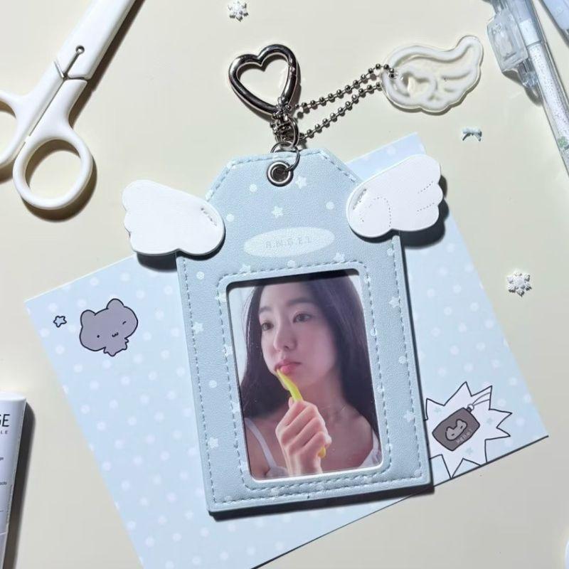 3 Inch PU Leather Photocard Holder Angel Wing Star Photo Card Case Campus Card Protection Badge Card Display Holder Card Pouch