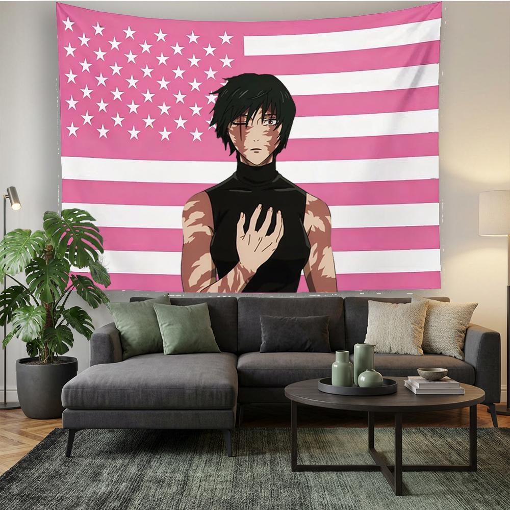 JJujutsu Kaisen Maki Zenin Tapestry Pink American Flag Anime Wall Hanging Manga Character Poster Tapestry for Bedroom Otaku