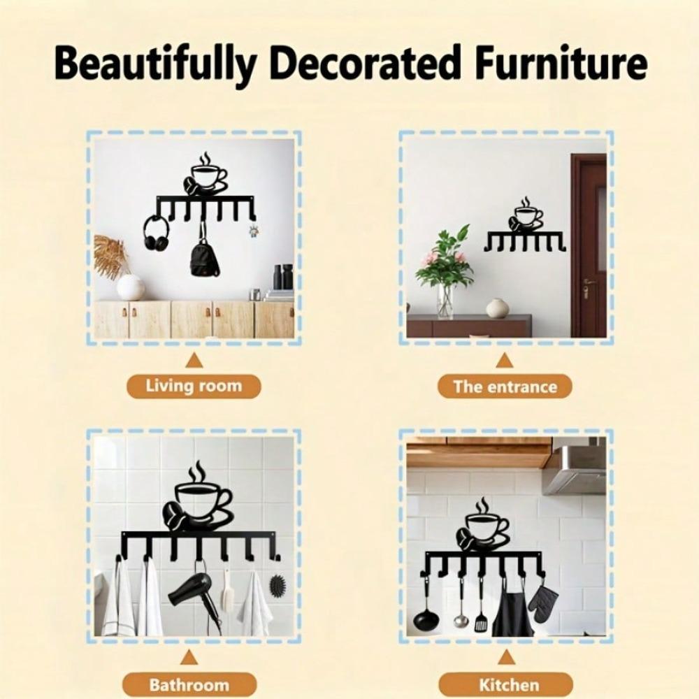 Metal Wall Key Holder with 7 Hooks for Coffee Lovers Modern Home Decor Wrought Iron Art