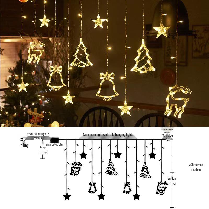 

Светодиодные гирлянды-шторы с колокольчиками, оленями и елочным декором для использования в помещении
