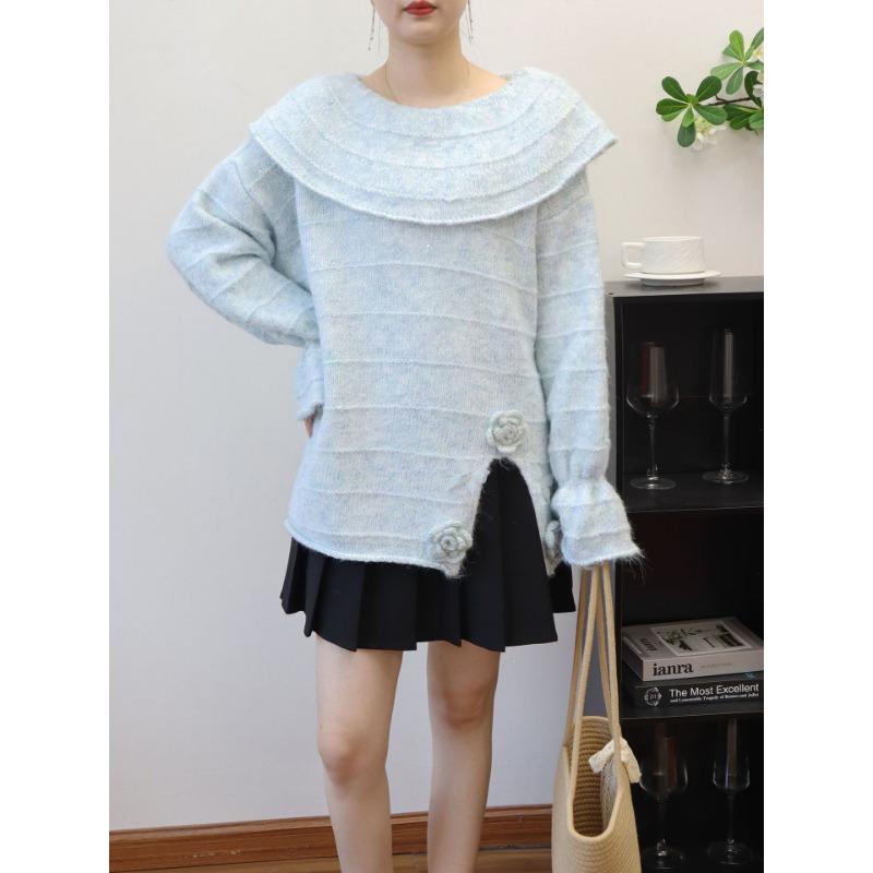 Lotus leaf collar three-dimensional flower butterfly design sense knitted sweater top autumn and winter new loose sweater pullover woman