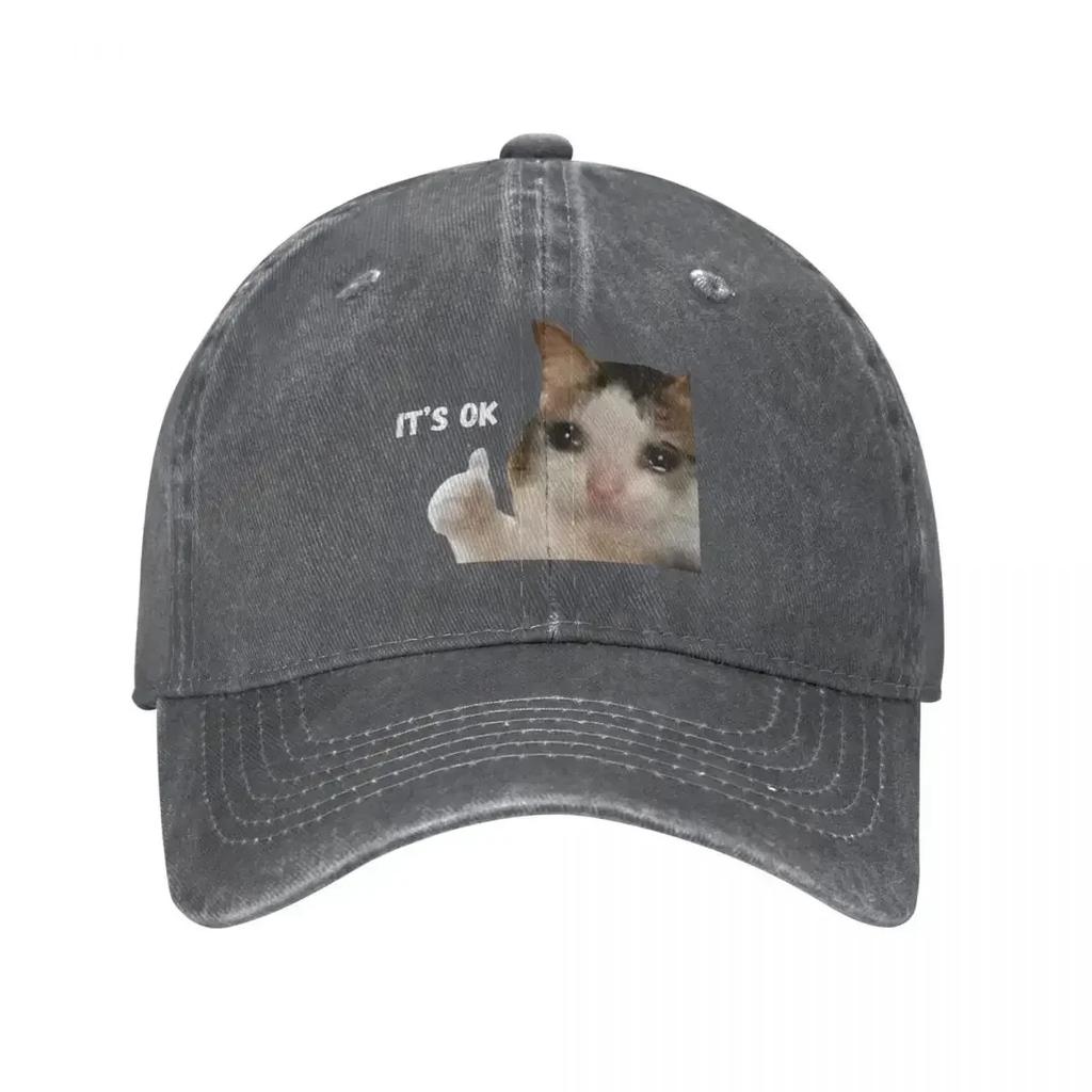 Retro Cat Sad Thumbs Trucker Hat Unisex Style Distressed Washed Snapback Cap Funny Crying Cat Outdoor Activities Caps Hat