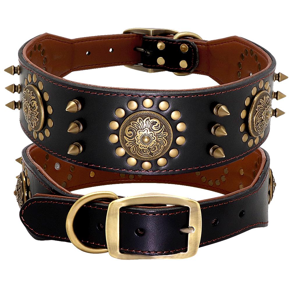 Durable Leather Dog Collar Cool Spiked Studded Pet Dogs Collars Adjustable for Medium Large Dogs Pitbull L XL