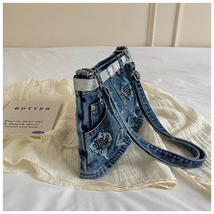 Cross-border Tassel Patchwork Denim Crossbody Bag - Trendy Single Shoulder Skirt Bag for Work or School.