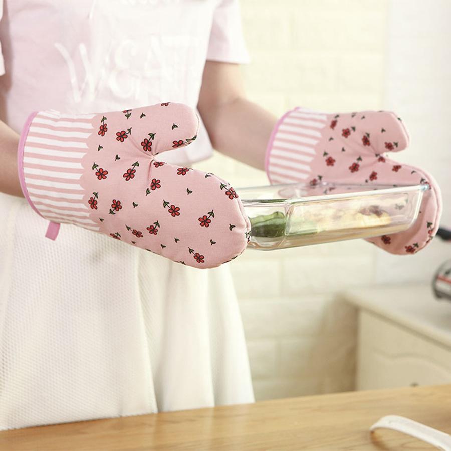 1PS Pastoral Style Thickened Grid Microwave Oven Insulation Gloves Microwave Oven Gloves Heat Resistant Gloves