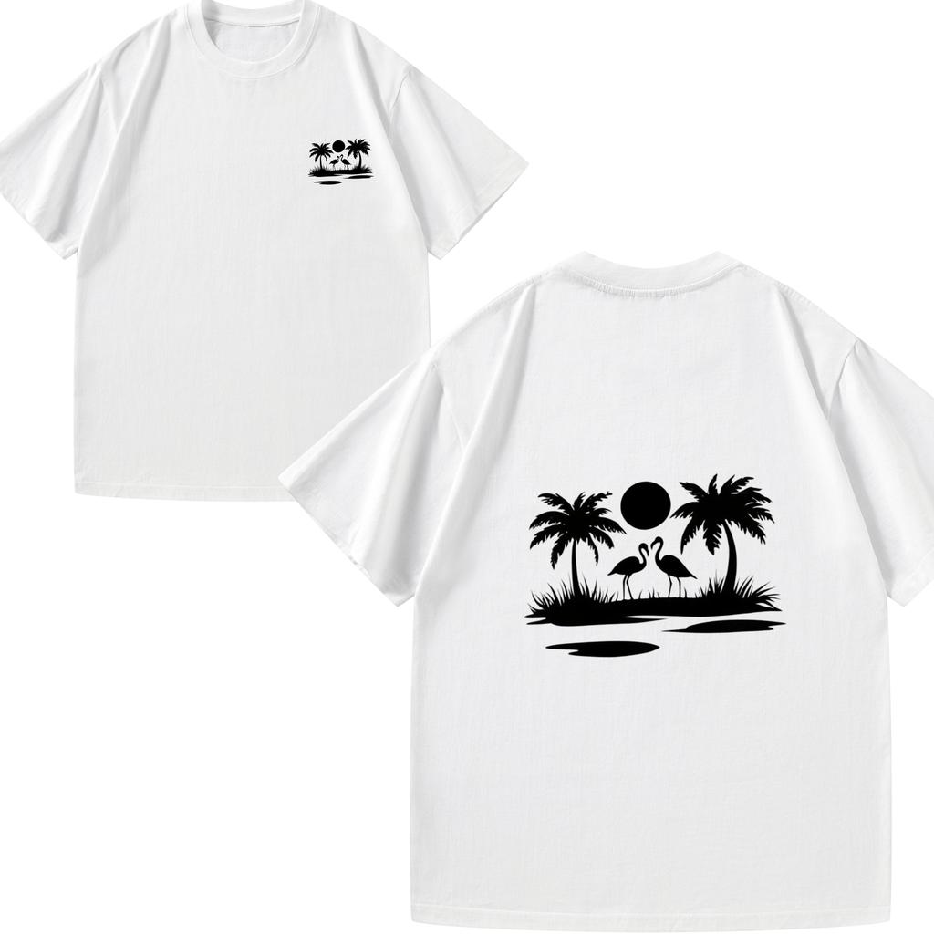 Mens Tshirt Black Tropical Palm Trees Sunset Print Casual Summer Beach Wear