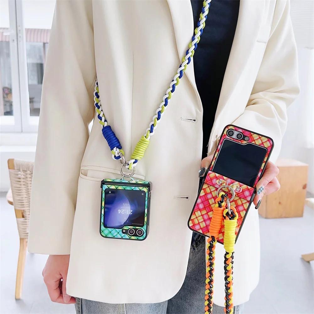 Crossbody Lanyard Colorful Woven Phone Case for Samsung Galaxy Z Flip 6 5 4 3 Flip5 Flip4 Flip3 5G Protective Shockproof Cover