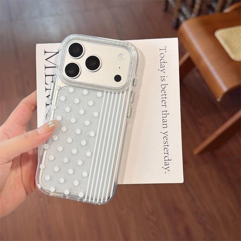 

High-End Korean Style Polka Dot & Stripe Patchwork Phone Case for iPhone 17, 16 Pro Max, 15, 14 iPhone 14 Pro Max