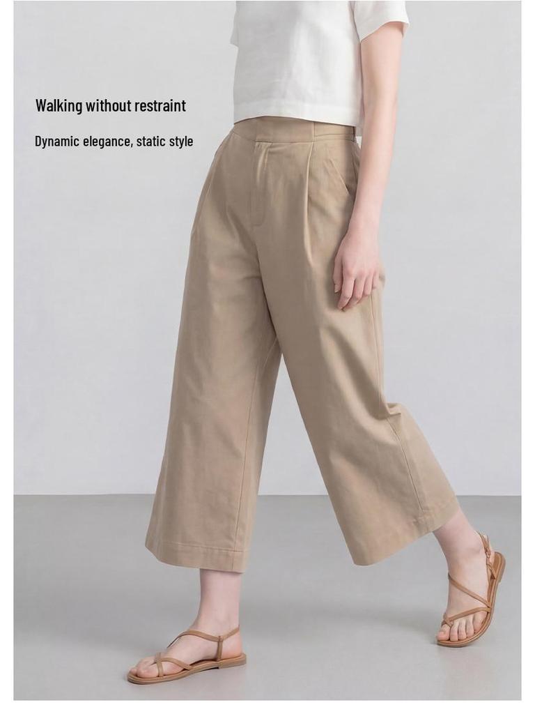 Guangmei Women's Summer Casual Wide-Leg Cropped Pants with Adjustable Waist and Front Pleats.