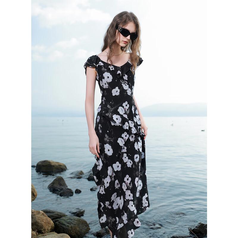 

Sancai 2025 Летнее платье А-силуэта с принтом и оборками из шелка L (165/88A)