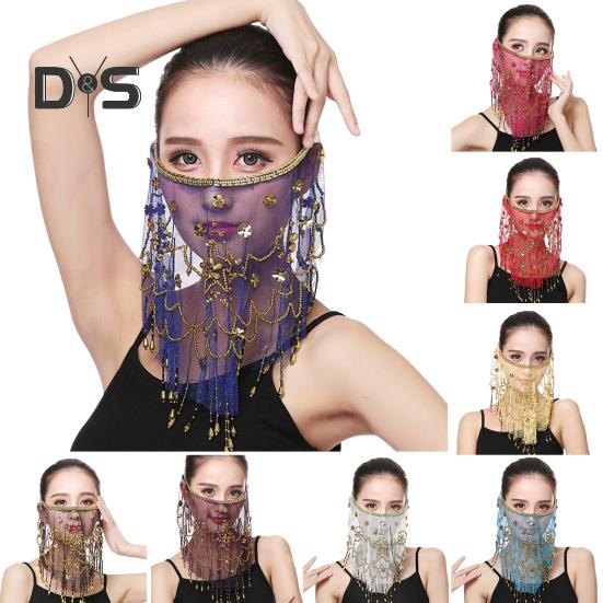 Performance Závoj Květina Flitry Korálky Dekor Krajka Břišní tanec Tribal Obličejový Závoj Nastavitelný popruh Indický Dance Závoj Halloween Kostýmový doplněk