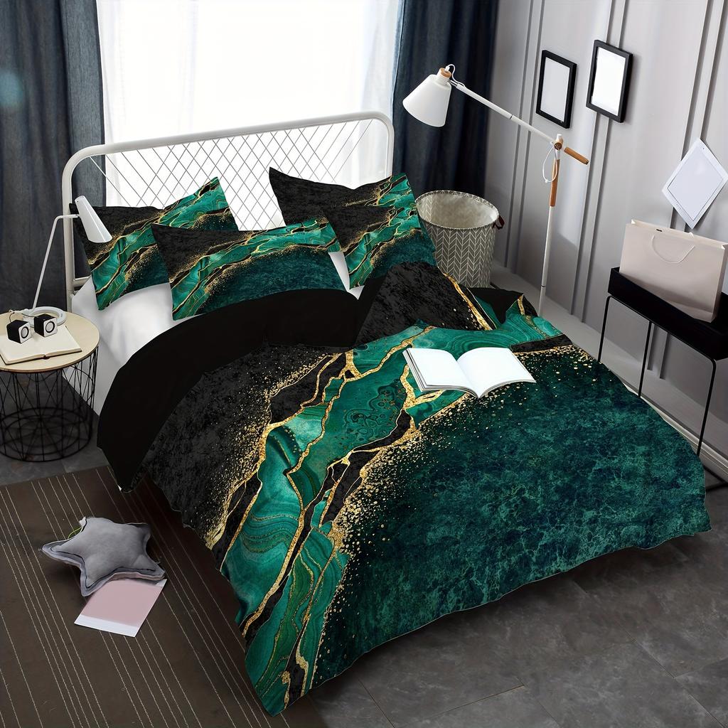 Marble Pattern Bedding Set Green Black Golden Boy Quilt Cover Washable Microfiber Soft Comfortable 2/3pcs Set Magical Gifts