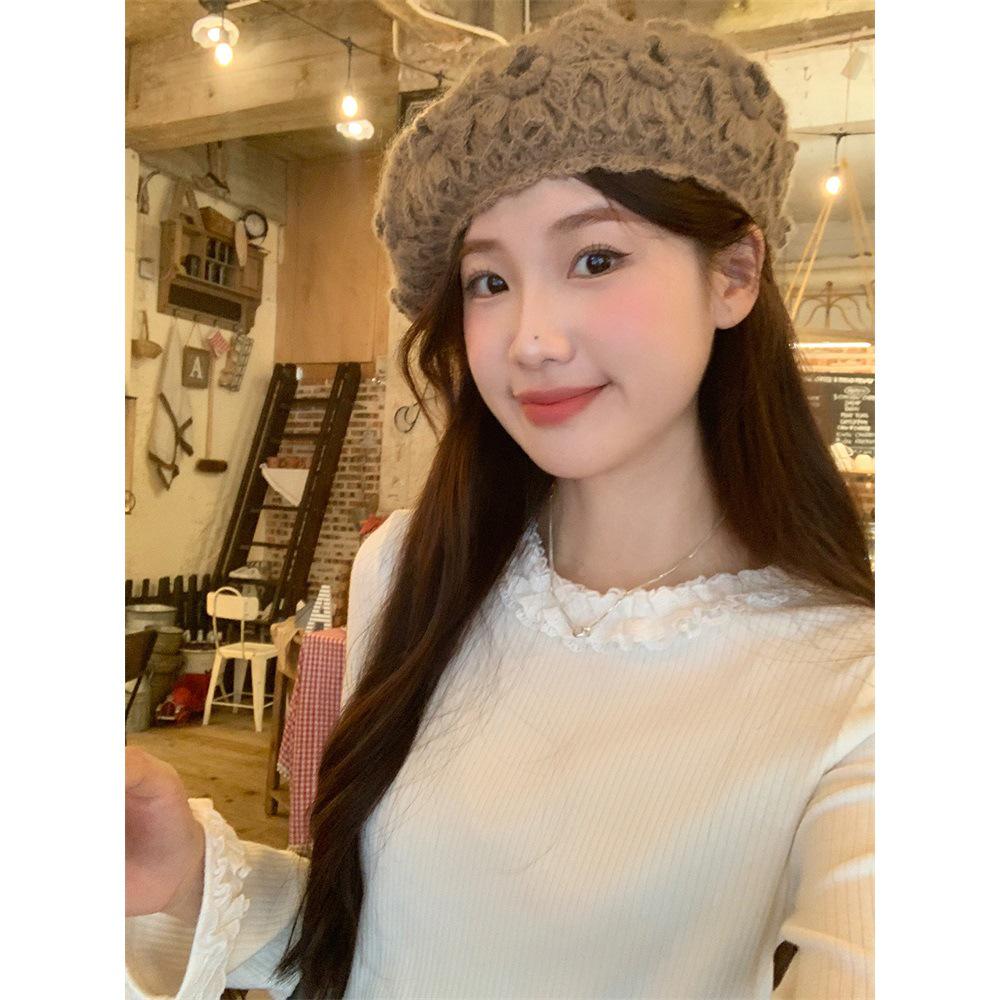 De Róng Women's Korean Style Knit T-Shirt - Autumn Lace Round Neck Slim Fit Base Layer