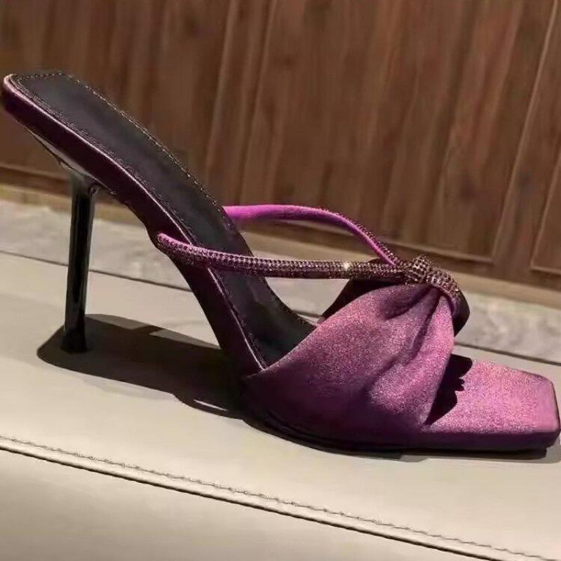 New Style Shoes Water Diamond Flip-flops High Heels Thin Straps Square Heads Exposed Toes One Line