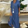 BITCED Summer Denim Dress For Women Casual Spring Blue Maxi Dresses V Neck Half Sleeve Plus Size Long Dresses With Slit