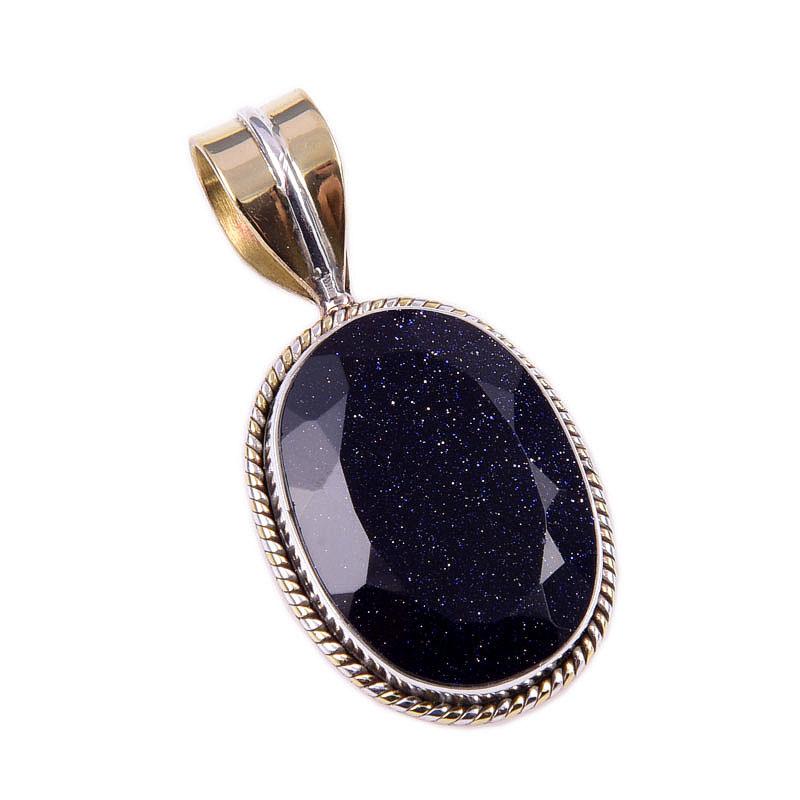 Natural Blue Sunstone 925 Solid Sterling Silver Gift TwoTone Pendant 1.50" Z7R83