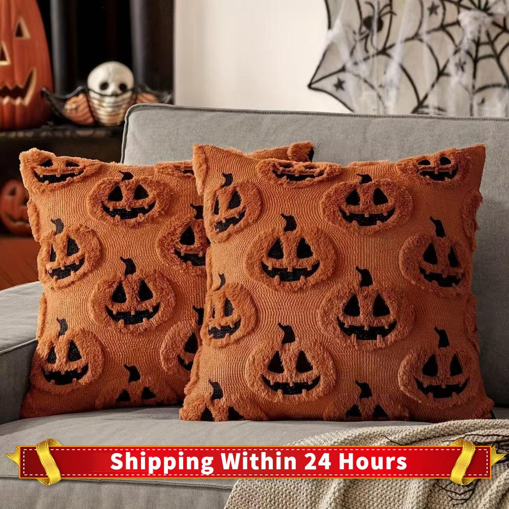 2Pcs Halloween Funny Face Pumpkin Pillow Covers Soft Cushion Cover Plush Couch Cushion Case for Spooky Season & Cozy Fall Decor
