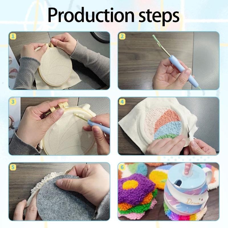 Punch Needle Embroidery Set With 6 Florals Coasters Pattern and Reusable Tool for Child Adults