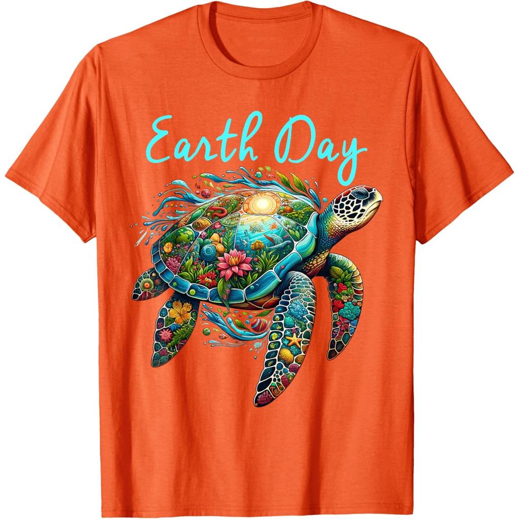 Earth Day Sea Turtle Graphic Tee Breathable Casual Cotton T-Shirt for Unisex