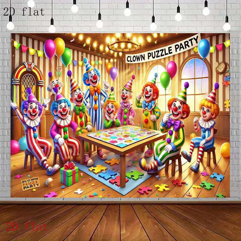 2D Flat Print Clown Puzzle Party Backdrop Colorful Circus Clowns Photography Background